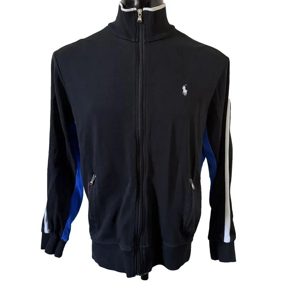 Polo Ralph Lauren Track Jacket Men's Medium M Black Blue Full Zip Interlock Pony